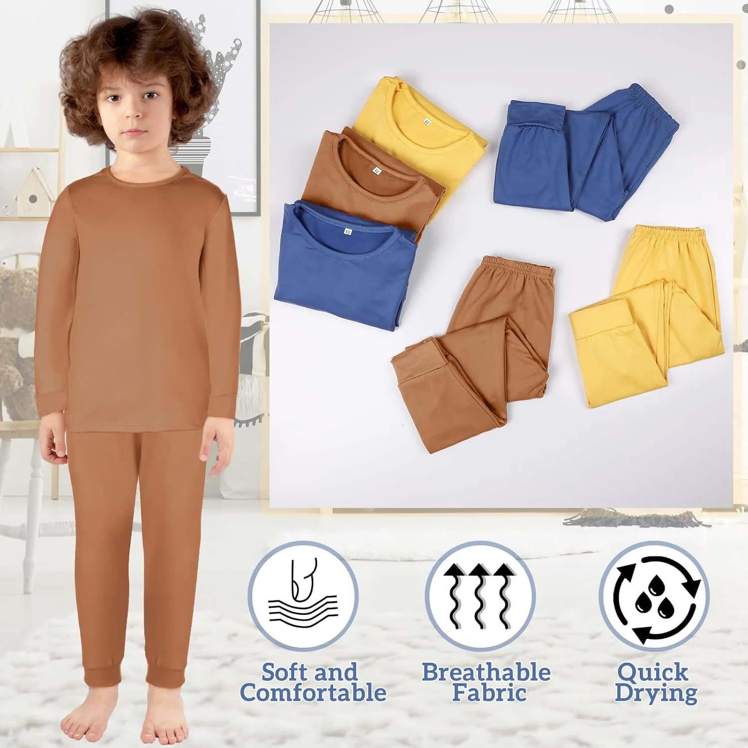 Silkfly 3 Sets 12M-12Y Kid Boys Girls Thermal Underwear Set Fleece Lined Long Winter Johns Base Layer Thermal Top and Bottom