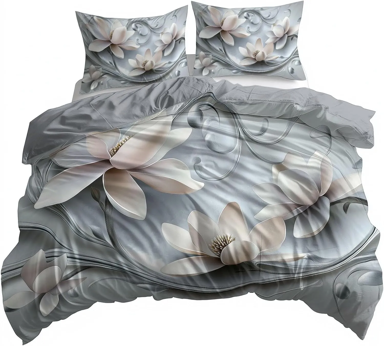 Silver California King Duvet Cover Dream Vortex Magnolia 3D Cal King Bedding Set 3 Pieces, Soft and Breathable Microfiber Comforter Cover with 2 Pillow Shams, for All Season