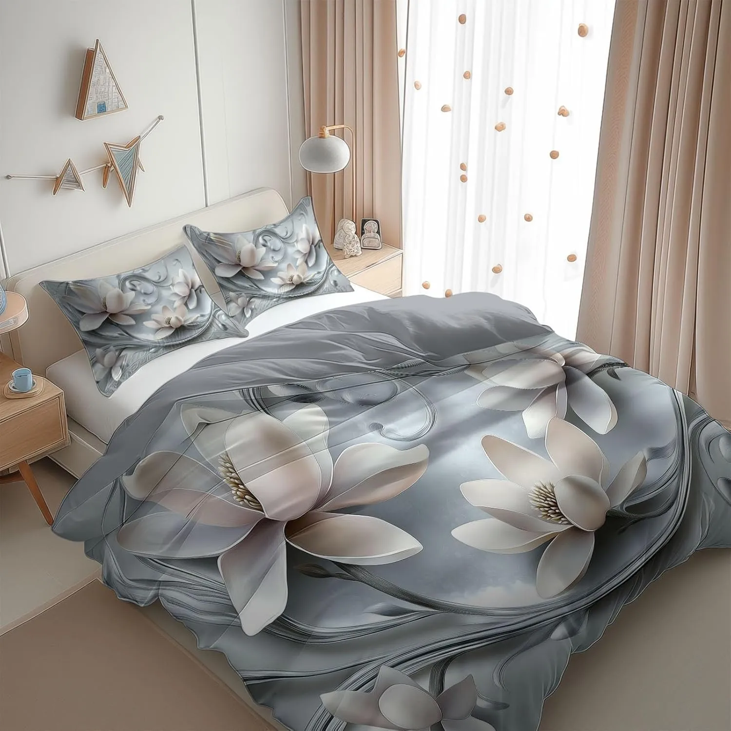 Silver California King Duvet Cover Dream Vortex Magnolia 3D Cal King Bedding Set 3 Pieces, Soft and Breathable Microfiber Comforter Cover with 2 Pillow Shams, for All Season