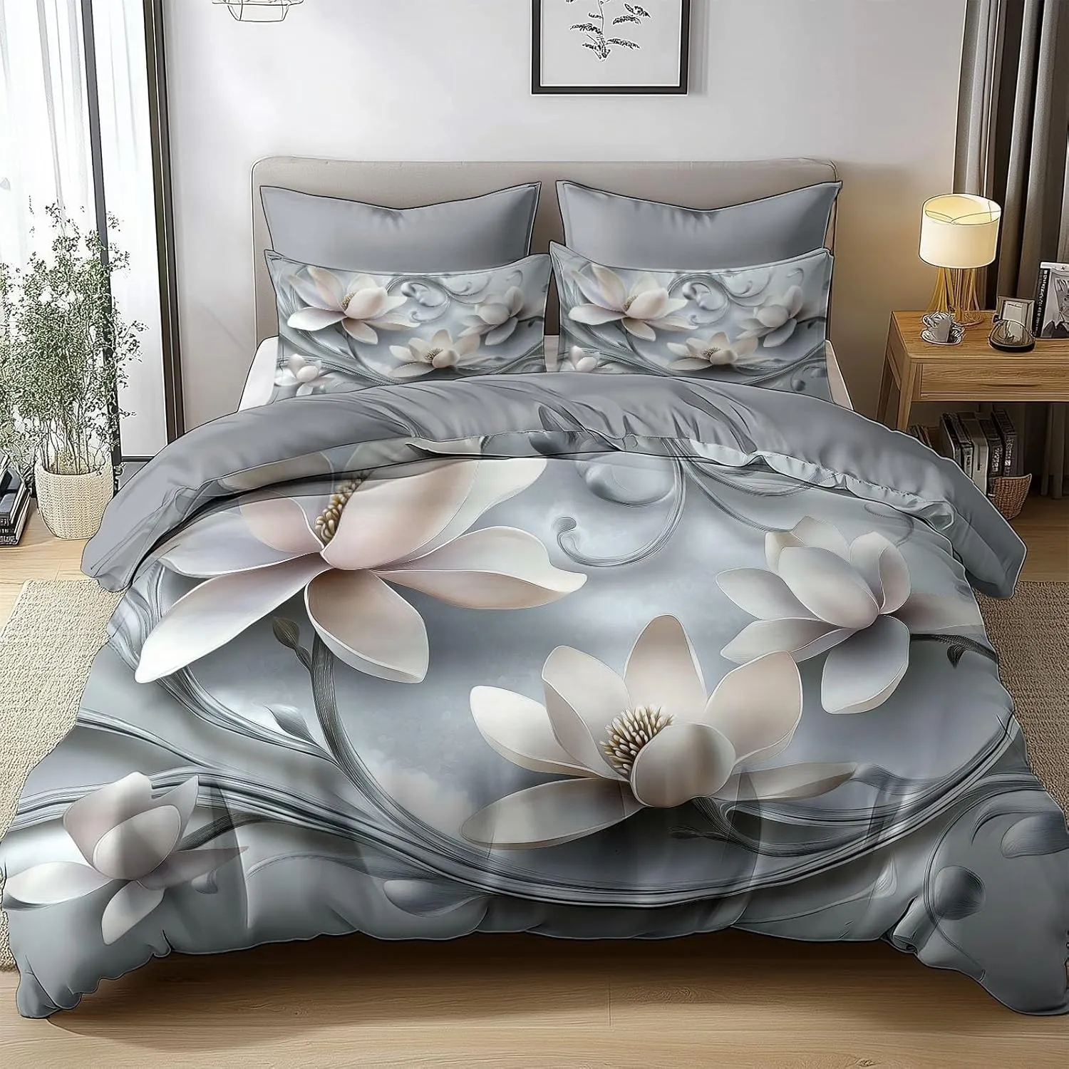 Silver California King Duvet Cover Dream Vortex Magnolia 3D Cal King Bedding Set 3 Pieces, Soft and Breathable Microfiber Comforter Cover with 2 Pillow Shams, for All Season