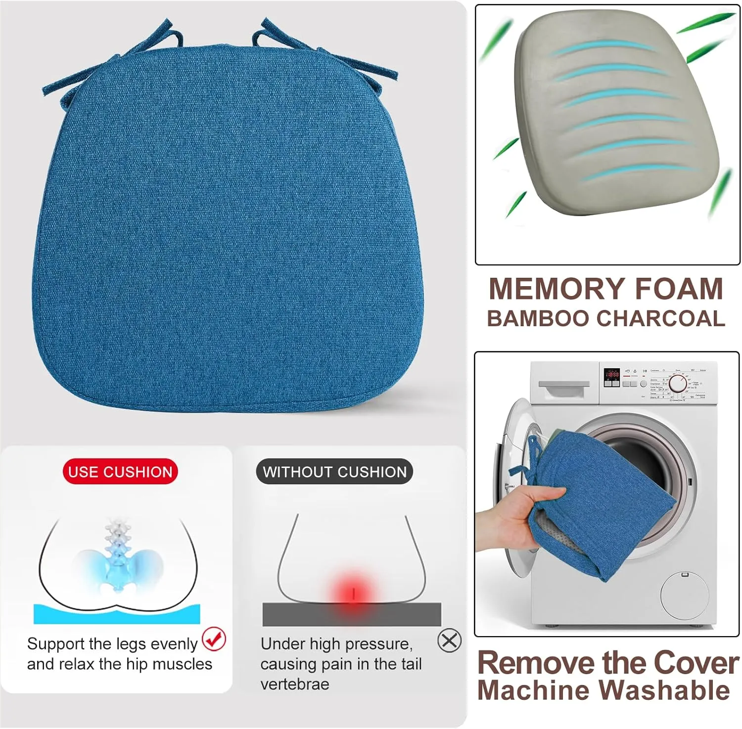 SINOSSO 1 Pack Memory Foam Chair Cushions for Dining Chair, Friendly Woven Fabric 16" U-Shape Comfortable Kitchen Chair Pad, Removable Slip Resistant Seat Cushion (1 Piece, Blue)