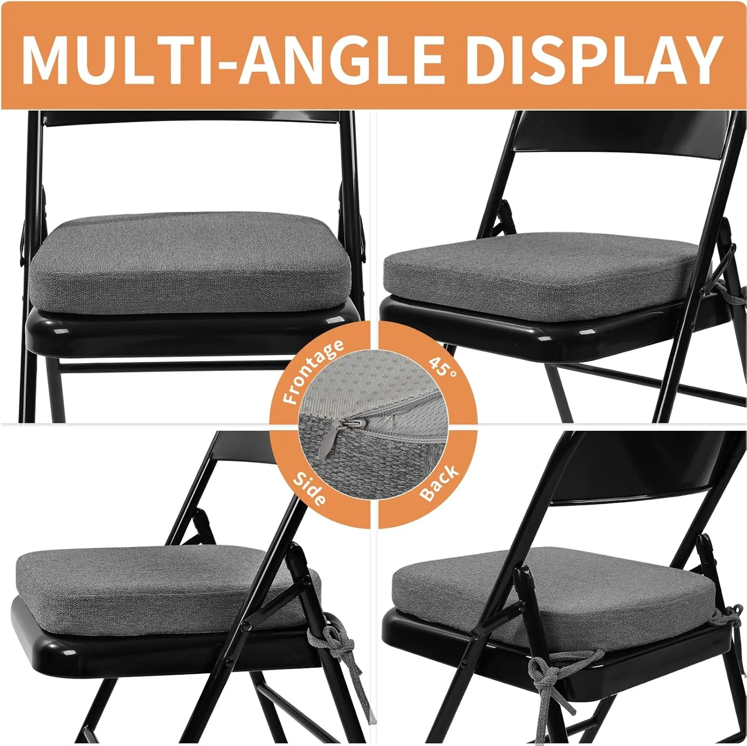 SINOSSO Thickened 2" Memory Foam Folding Chair Cushion 1 Pcs, Square Kitchen Chair Pad with Ties, Indoor Non-Slip Dining Chair Seat Cushion (1 Pcs, Dark Gray)