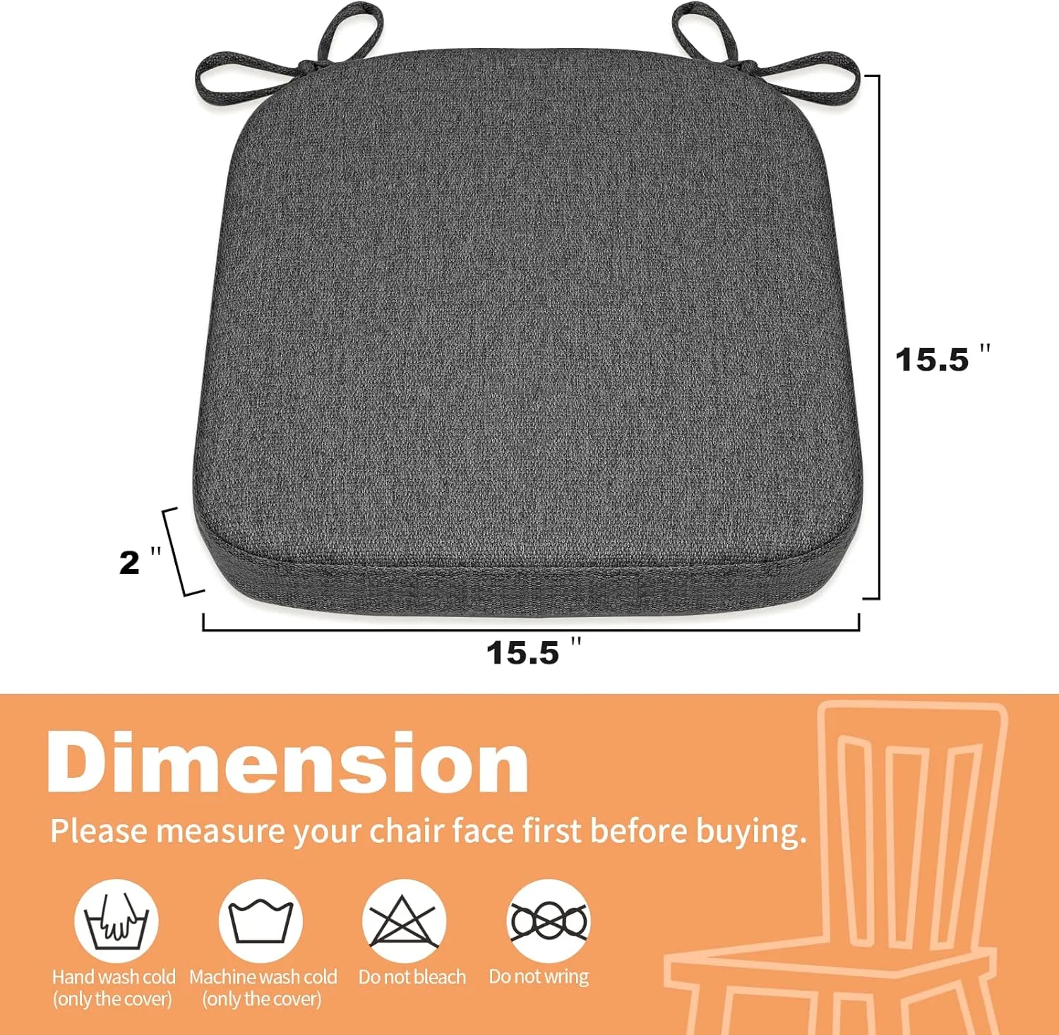 SINOSSO Thickened 2" Memory Foam Folding Chair Cushion 1 Pcs, Square Kitchen Chair Pad with Ties, Indoor Non-Slip Dining Chair Seat Cushion (1 Pcs, Dark Gray)