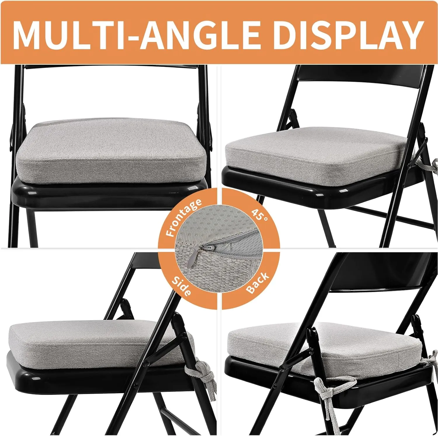 SINOSSO Thickened 2" Memory Foam Folding Chair Cushion 1 Pcs, Square Kitchen Chair Pad with Ties, Indoor Non-Slip Dining Chair Seat Cushion (1 Pcs, Light Gray)