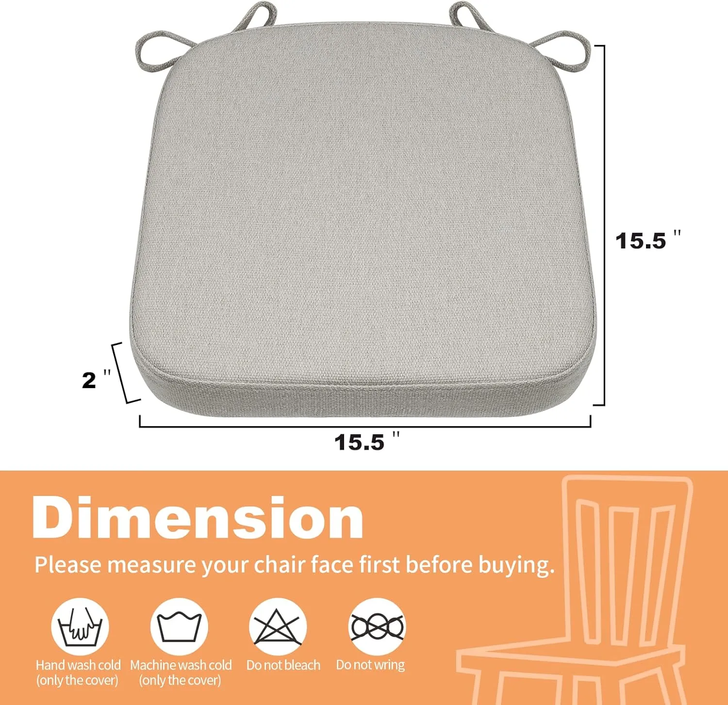 SINOSSO Thickened 2" Memory Foam Folding Chair Cushion 1 Pcs, Square Kitchen Chair Pad with Ties, Indoor Non-Slip Dining Chair Seat Cushion (1 Pcs, Light Gray)