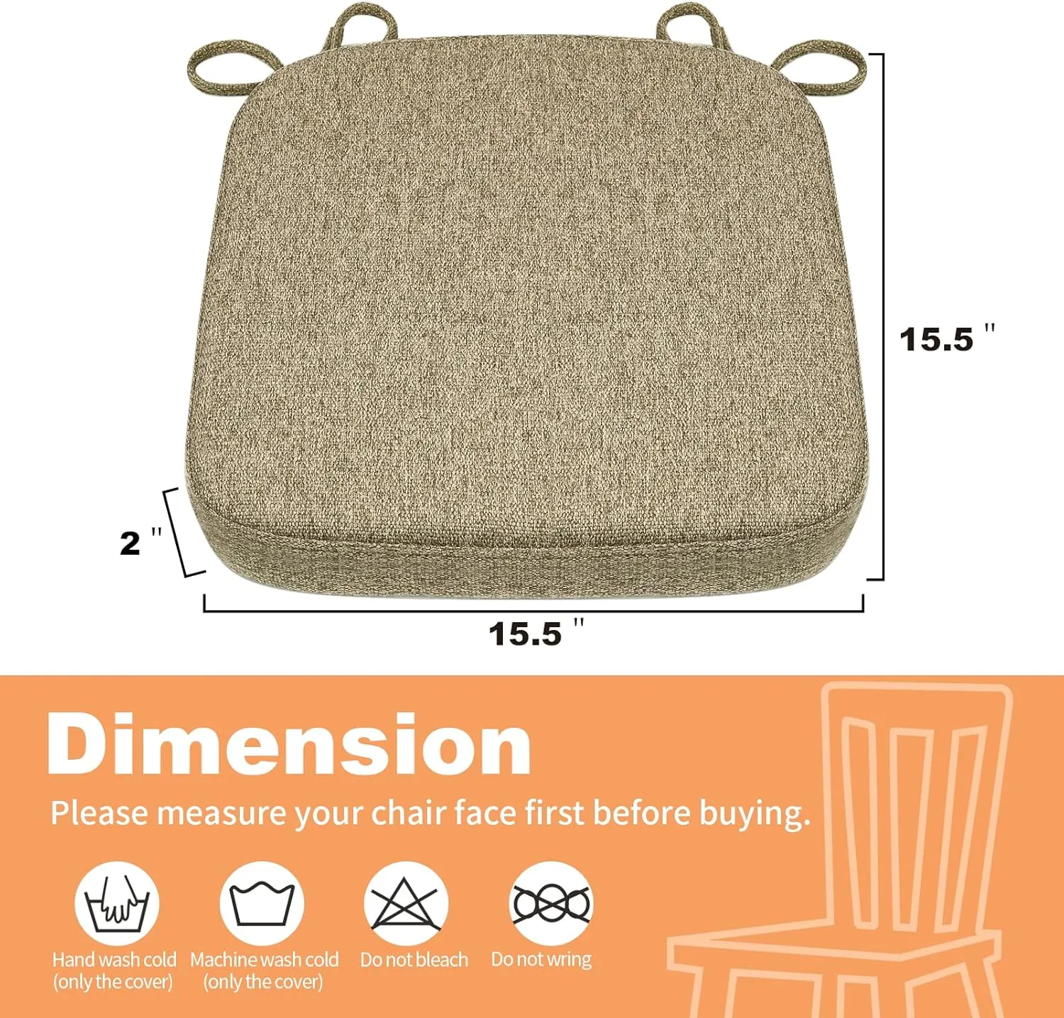 SINOSSO Thickened 2" Memory Foam Folding Chair Cushion 1 Pcs, Square Kitchen Chair Pad with Ties, Indoor Non-Slip Dining Chair Seat Cushion (1 Pcs, Linen)