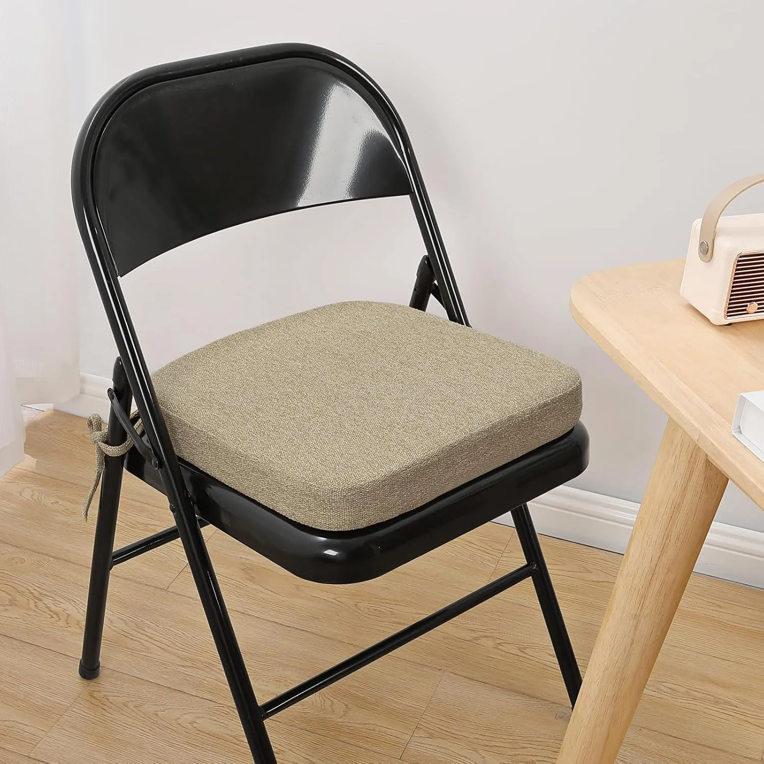 SINOSSO Thickened 2" Memory Foam Folding Chair Cushion 1 Pcs, Square Kitchen Chair Pad with Ties, Indoor Non-Slip Dining Chair Seat Cushion (1 Pcs, Linen)