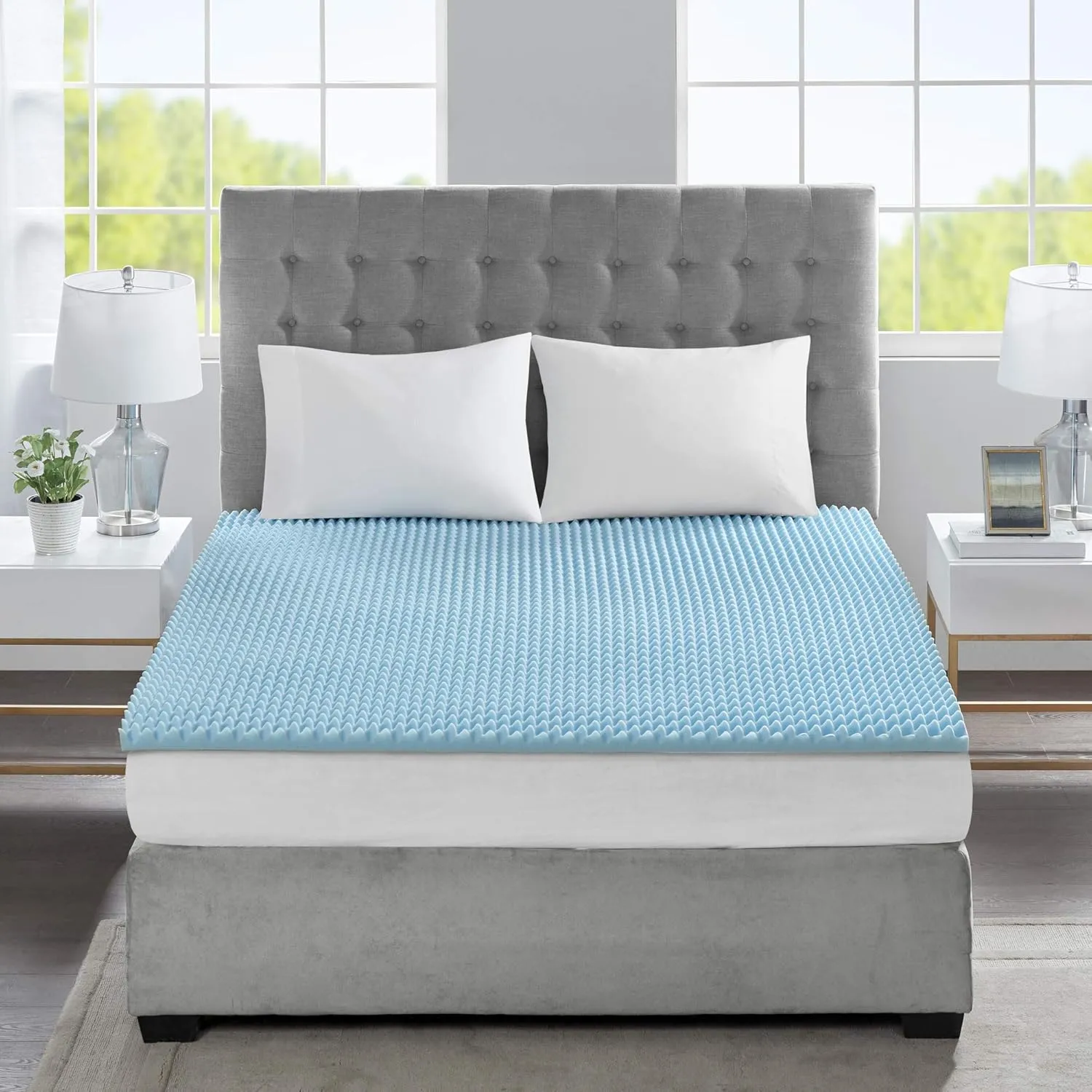 Sleep Philosophy Gel Infused Memory Foam Mattress Topper Luxurious, All Season Enhanced Bed Support, Queen, 1.5" Thick, Without Cover Blue