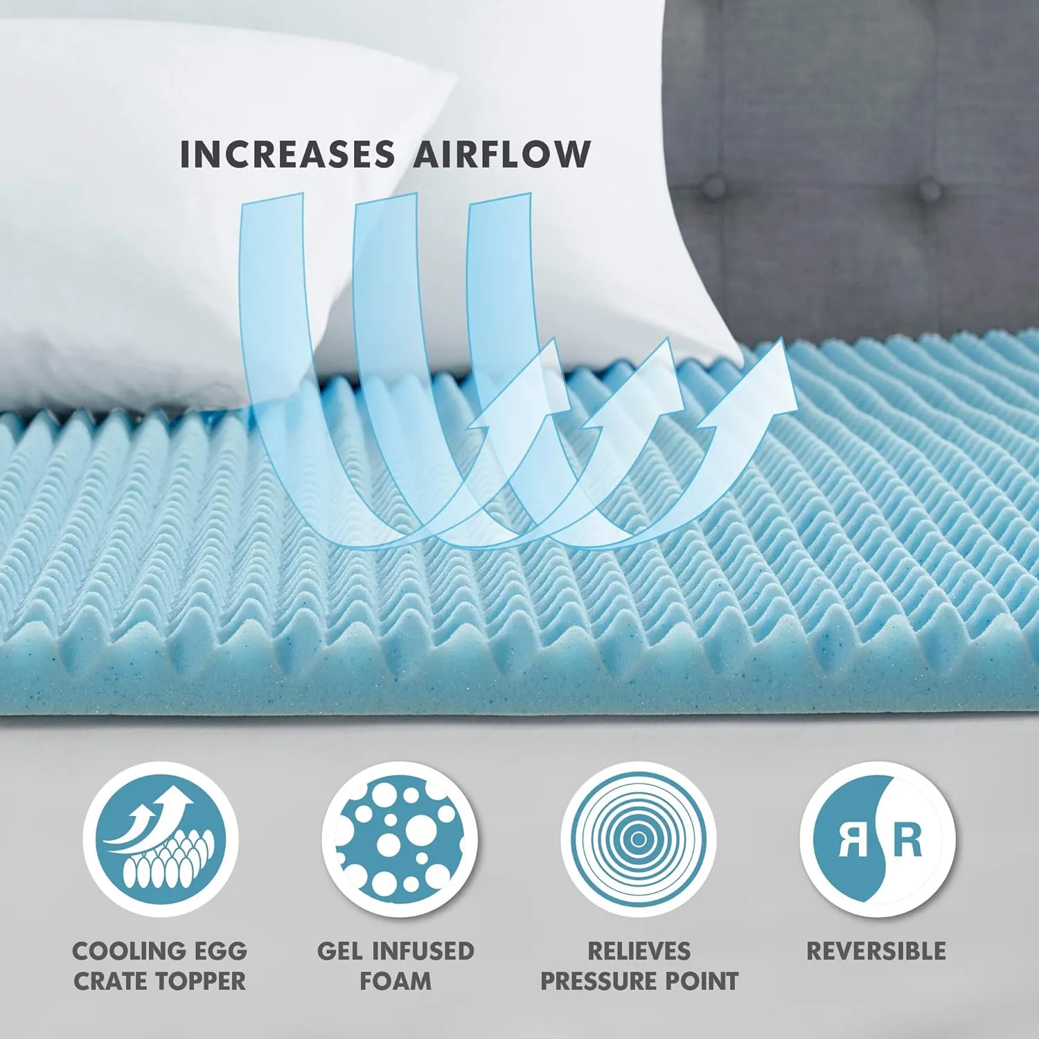 Sleep Philosophy Gel Infused Memory Foam Mattress Topper Luxurious, All Season Enhanced Bed Support, Queen, 1.5" Thick, Without Cover Blue