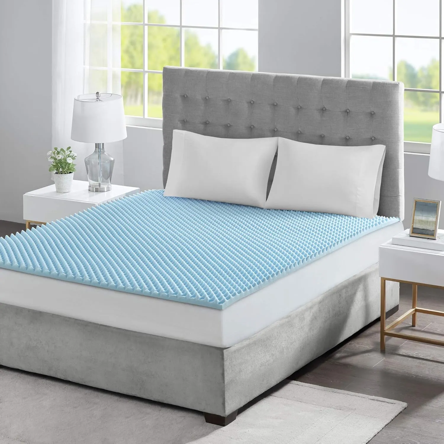Sleep Philosophy Gel Infused Memory Foam Mattress Topper Luxurious, All Season Enhanced Bed Support, Queen, 1.5" Thick, Without Cover Blue