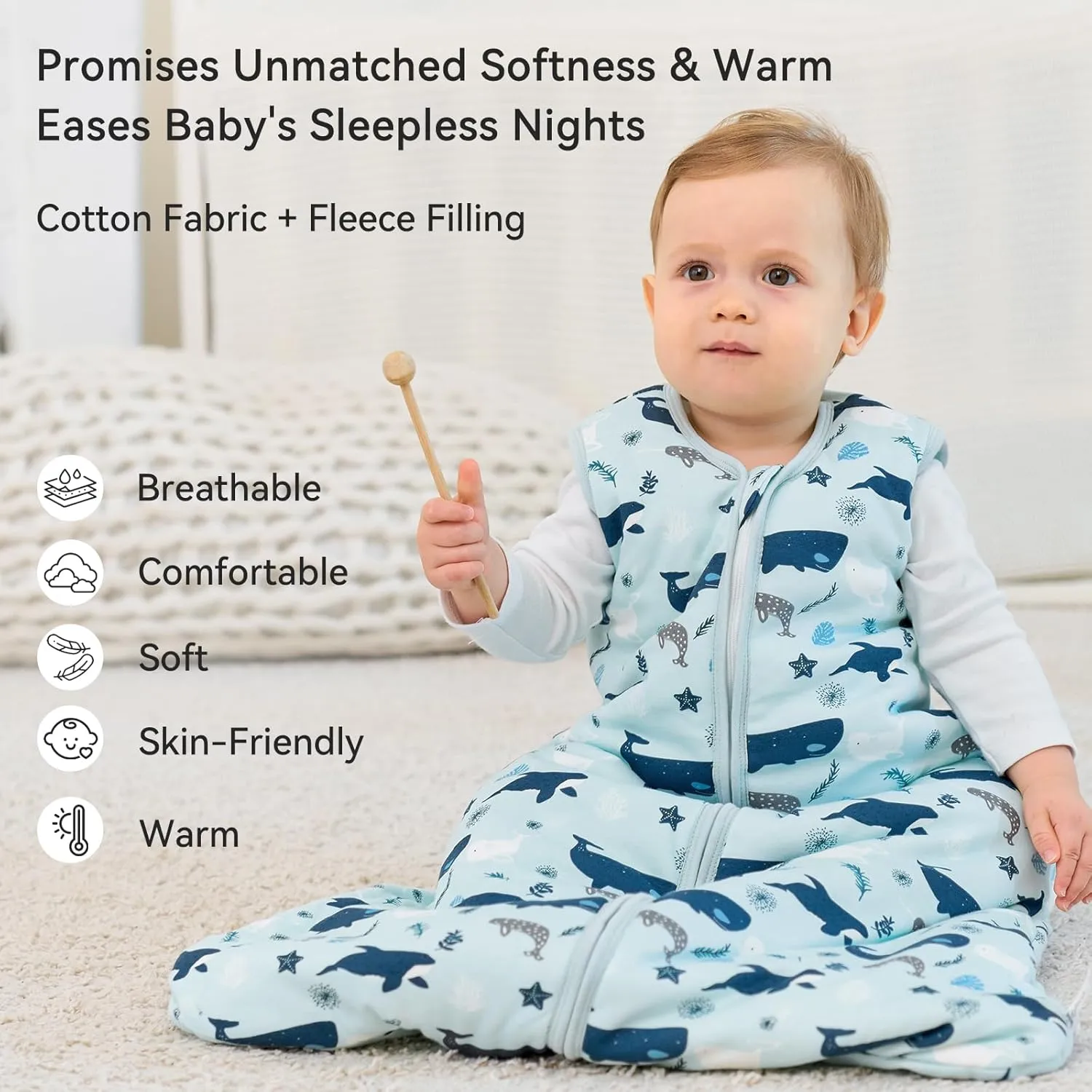 Sleep Sack 18-24 Months TOG 2.5 Winter Baby Wearable Blanket, 100% Cotton Toddler Sleeping Sack with 2-Way Zipper Warm Soft Baby Sleep Sack Shark