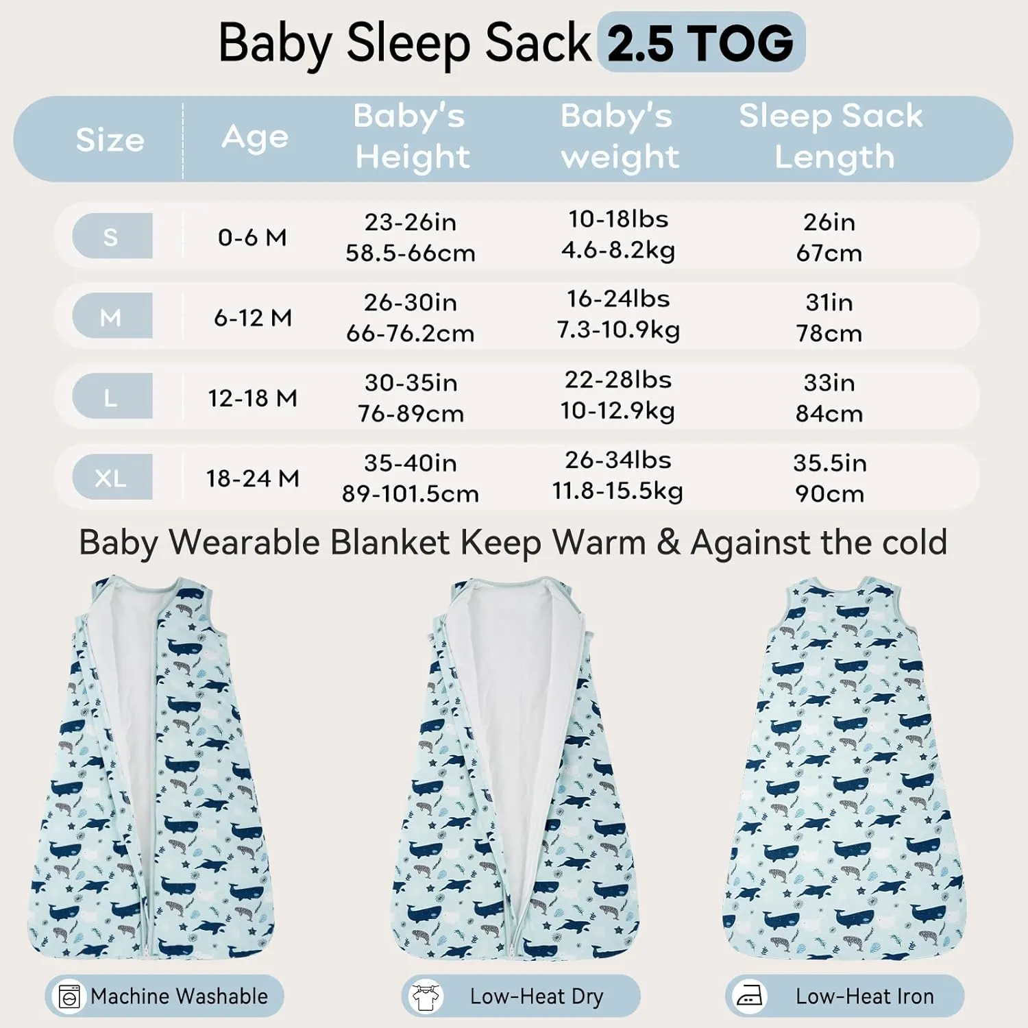 Sleep Sack 18-24 Months TOG 2.5 Winter Baby Wearable Blanket, 100% Cotton Toddler Sleeping Sack with 2-Way Zipper Warm Soft Baby Sleep Sack Shark