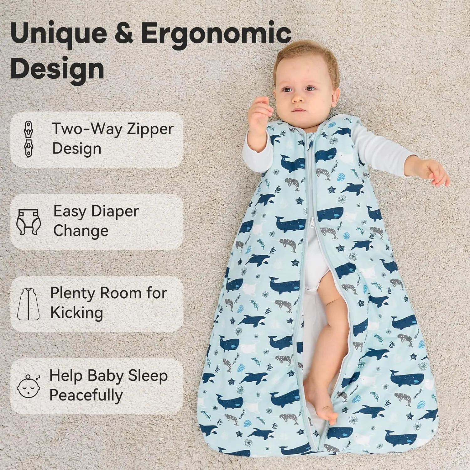 Sleep Sack 18-24 Months TOG 2.5 Winter Baby Wearable Blanket, 100% Cotton Toddler Sleeping Sack with 2-Way Zipper Warm Soft Baby Sleep Sack Shark