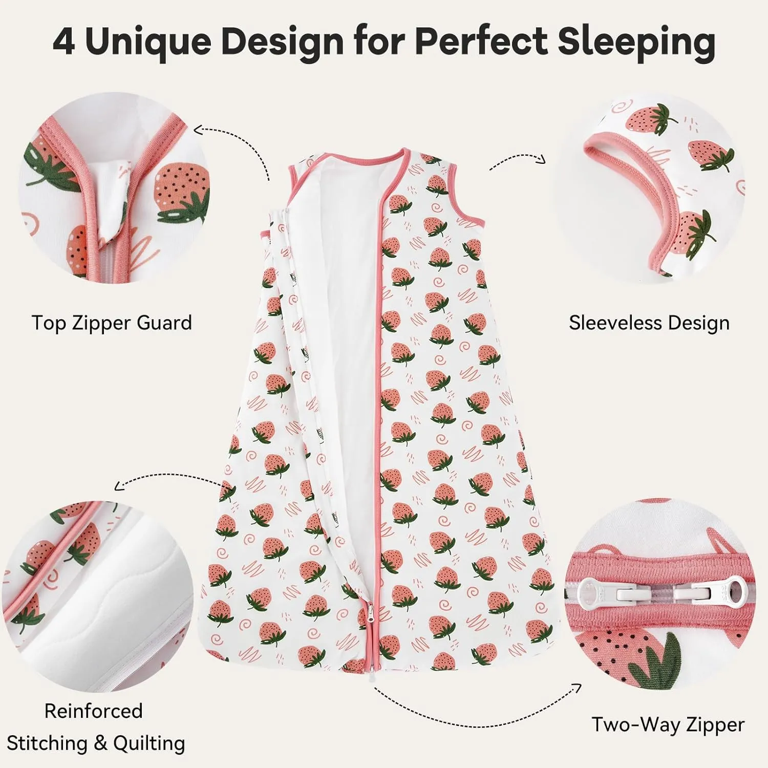 Sleep Sack 6-12 Months TOG 2.5 Winter Baby Wearable Blanket, 100% Cotton Newborn Infant Sleeping Sack with 2-Way Zipper Warm Soft Baby Sleep Sack Strawberry