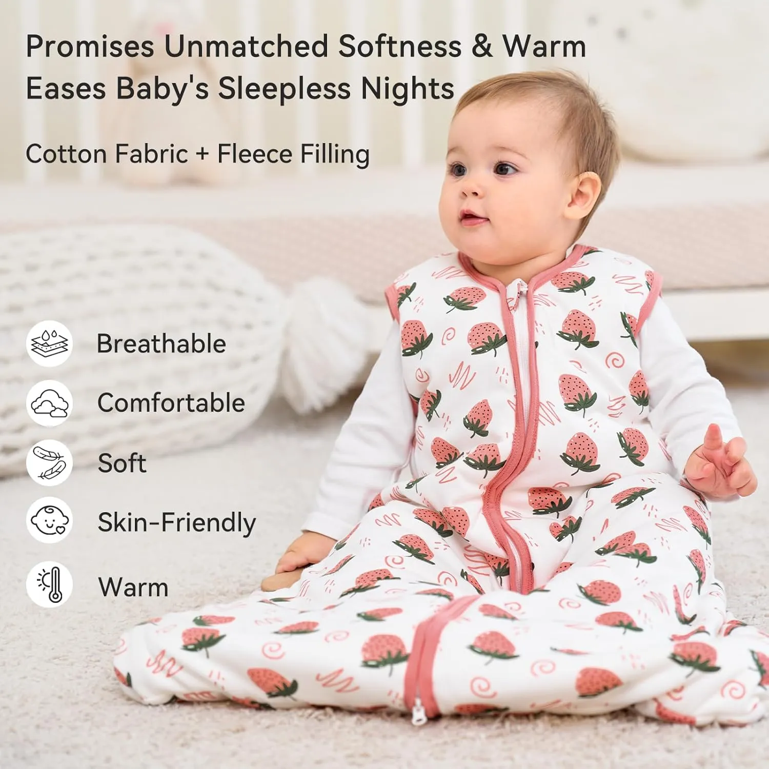 Sleep Sack 6-12 Months TOG 2.5 Winter Baby Wearable Blanket, 100% Cotton Newborn Infant Sleeping Sack with 2-Way Zipper Warm Soft Baby Sleep Sack Strawberry