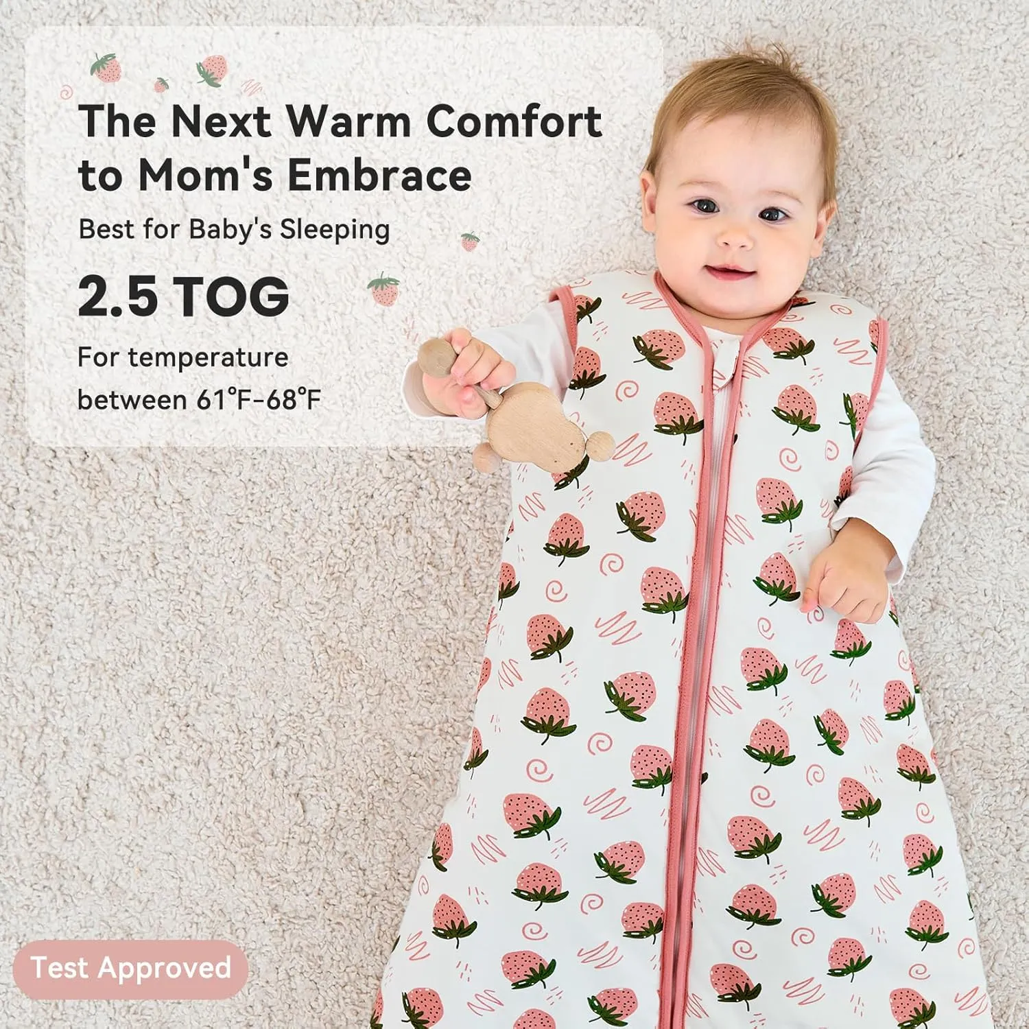 Sleep Sack 6-12 Months TOG 2.5 Winter Baby Wearable Blanket, 100% Cotton Newborn Infant Sleeping Sack with 2-Way Zipper Warm Soft Baby Sleep Sack Strawberry