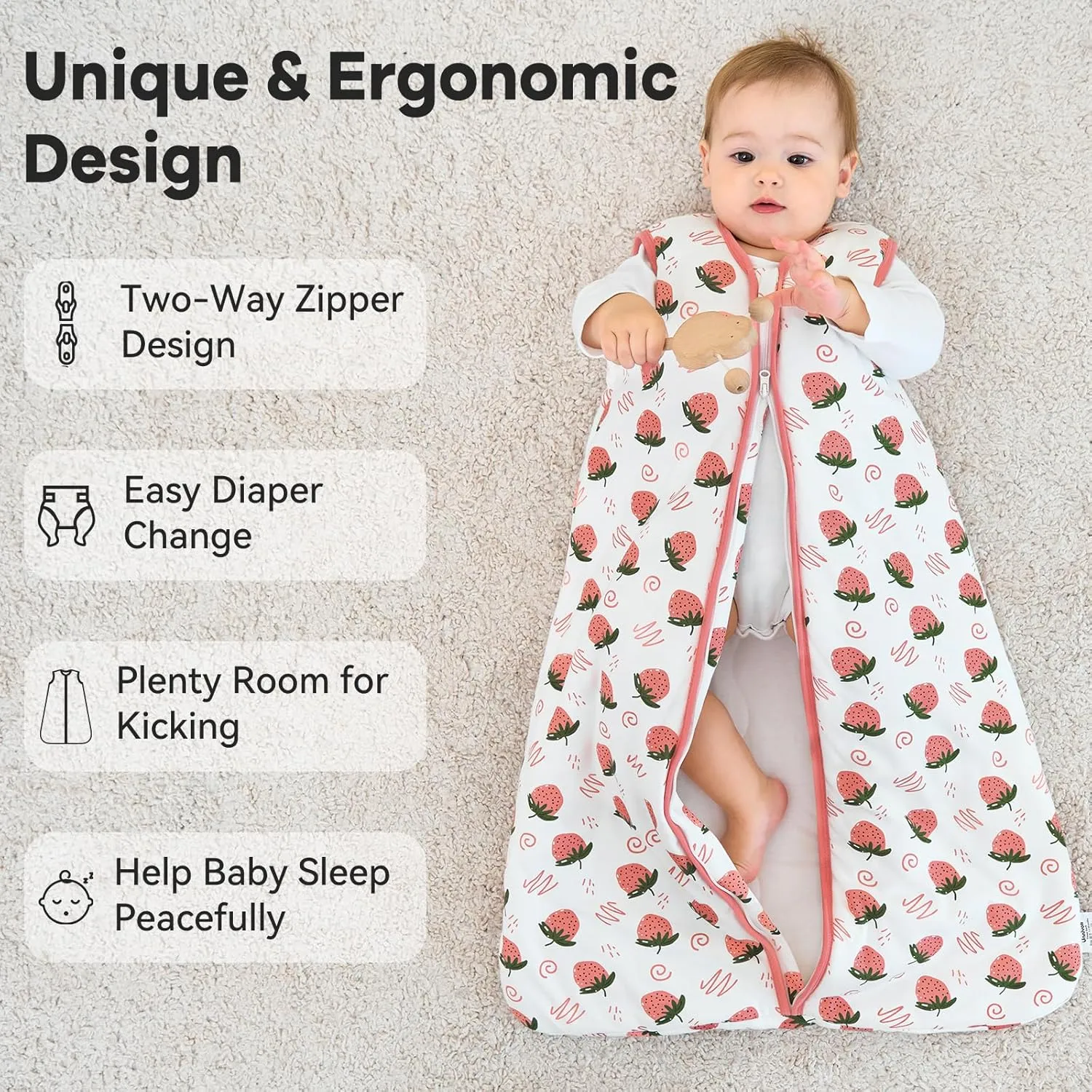 Sleep Sack 6-12 Months TOG 2.5 Winter Baby Wearable Blanket, 100% Cotton Newborn Infant Sleeping Sack with 2-Way Zipper Warm Soft Baby Sleep Sack Strawberry