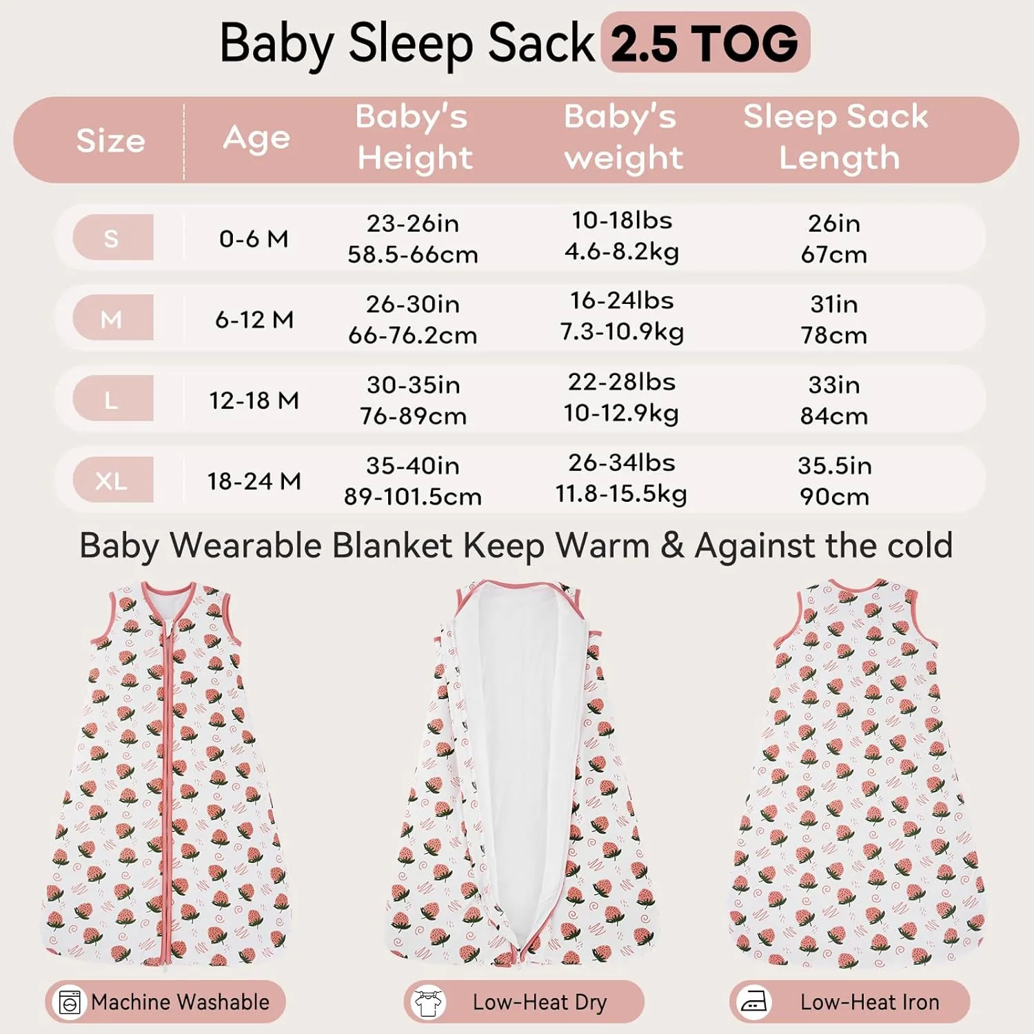 Sleep Sack 6-12 Months TOG 2.5 Winter Baby Wearable Blanket, 100% Cotton Newborn Infant Sleeping Sack with 2-Way Zipper Warm Soft Baby Sleep Sack Strawberry