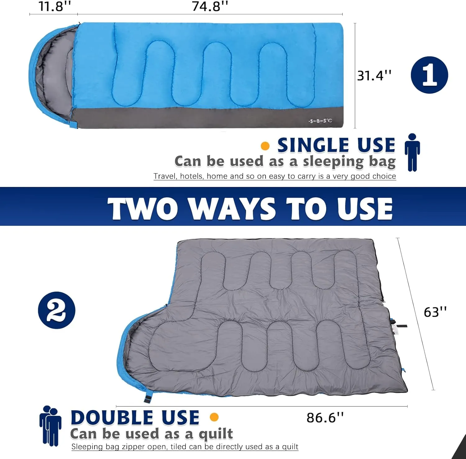 Sleeping Bag for Adults & Kids,Waterproof Lightweight Backpacking Sleeping Bags, Envelope Hooded 3 Season for Camping Hiking Outdoor Travel