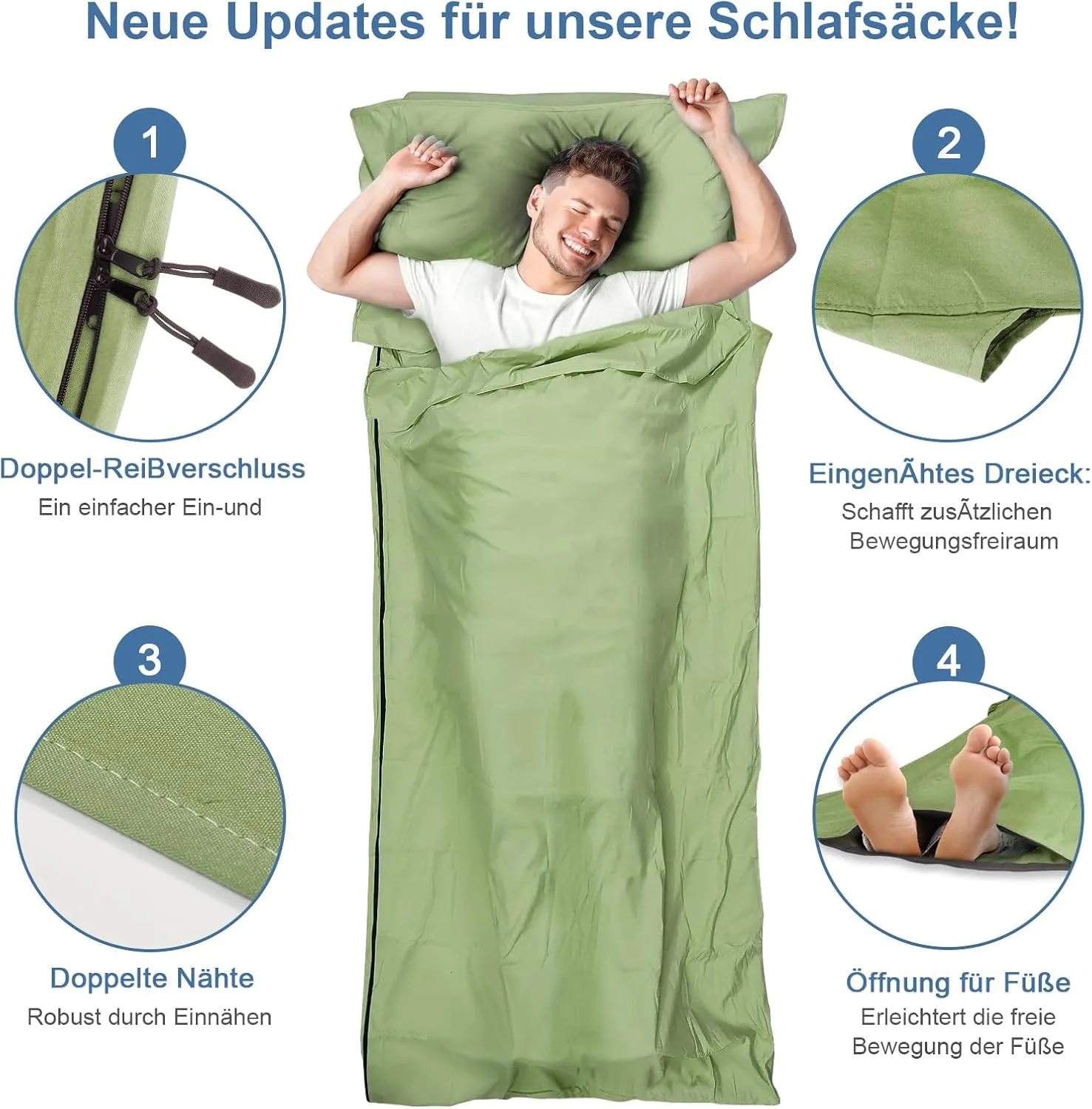 Sleeping Bag Liner, Updated Adult Sleep Sack & Travel Sheets with Foot Zipper, Lightweight and Portable Camping Sleeping Bag Liners - Ideal for Backpacking, Hostels and Camping