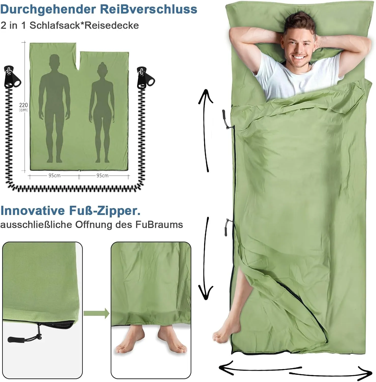 Sleeping Bag Liner, Updated Adult Sleep Sack & Travel Sheets with Foot Zipper, Lightweight and Portable Camping Sleeping Bag Liners - Ideal for Backpacking, Hostels and Camping