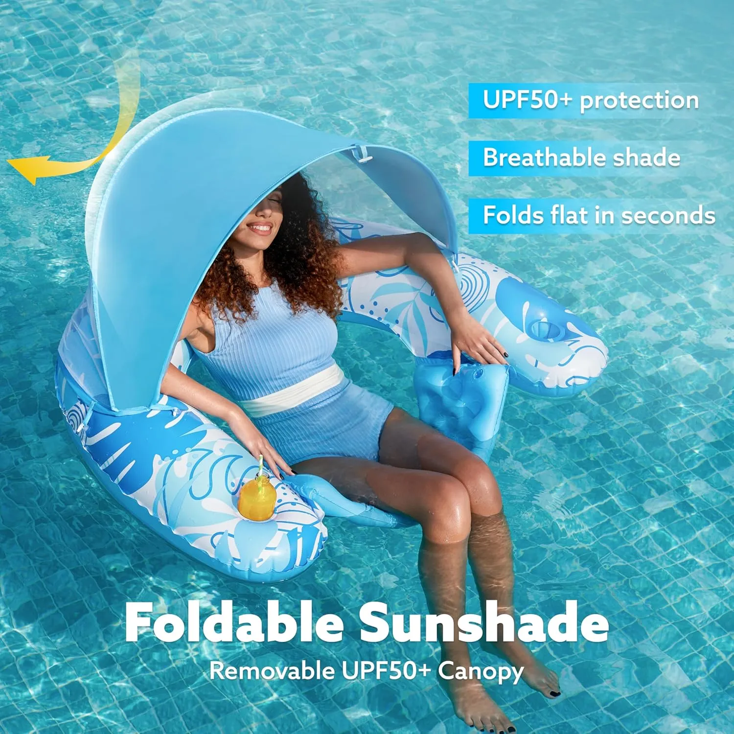 SLOOSH Pool Floats with Canopy Adult,XL Inflatable Pool Lounge Chairs with Cup Holders,Floating Chair for Adults,Inflatable Floaties with Headrest for Party Beach Summer Water Fun