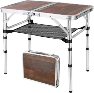 Small Folding Table, 3 Adjustable Heights Foldable Table, Camping Table, Outdoor Folding Table with Storage Mesh Layer, Portable Table for BBQ, Patio, Garden and Indoor (Brown)
