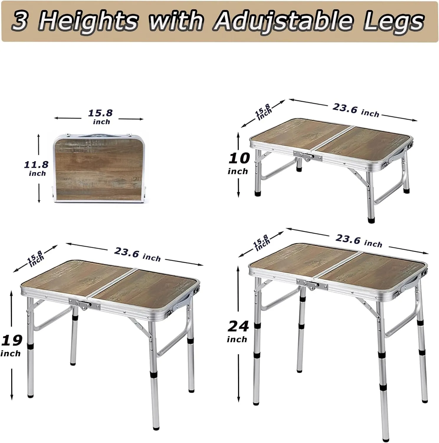 Small Folding Table, 3 Adjustable Heights Foldable Table, Camping Table, Outdoor Folding Table with Storage Mesh Layer, Portable Table for BBQ, Patio, Garden and Indoor (Brown)