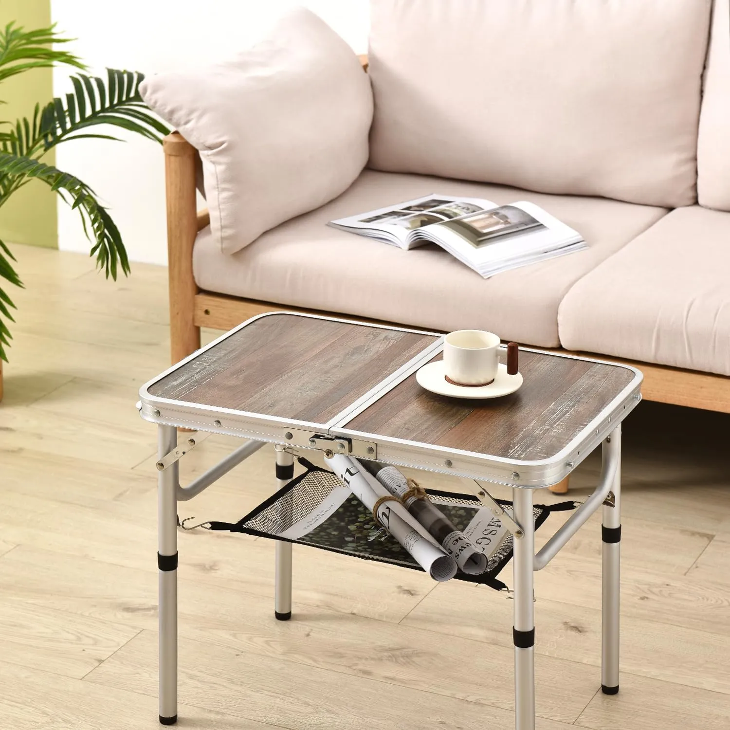 Small Folding Table, 3 Adjustable Heights Foldable Table, Camping Table, Outdoor Folding Table with Storage Mesh Layer, Portable Table for BBQ, Patio, Garden and Indoor (Brown)