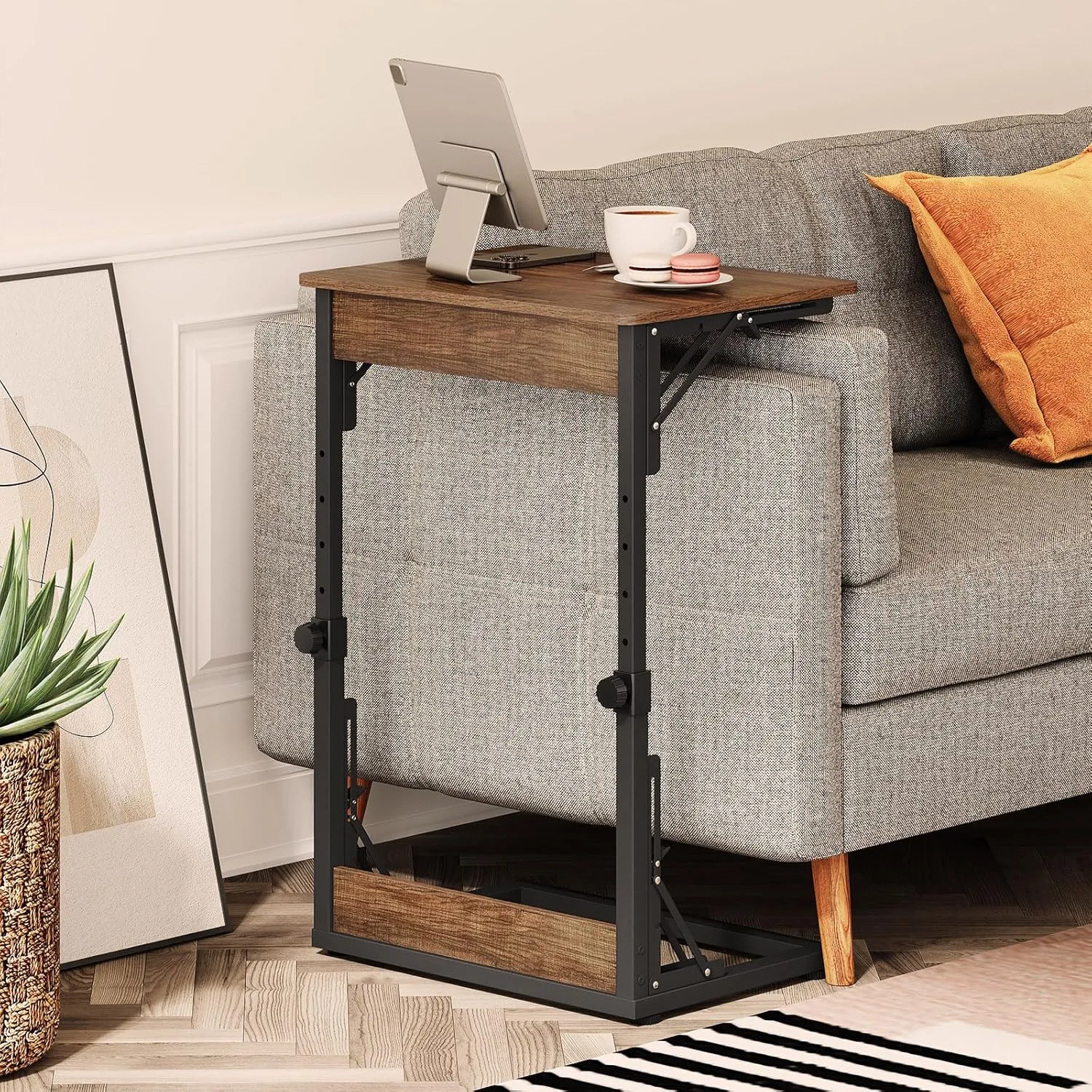 Snughome Adjustable TV Tray Table Set of 2, 19.68''Lx14.96''W Foldable C-Shaped End Table for Couch, Folding TV Tray with 6 Height for Eating, Side Tables with Sturdy Metal Frame