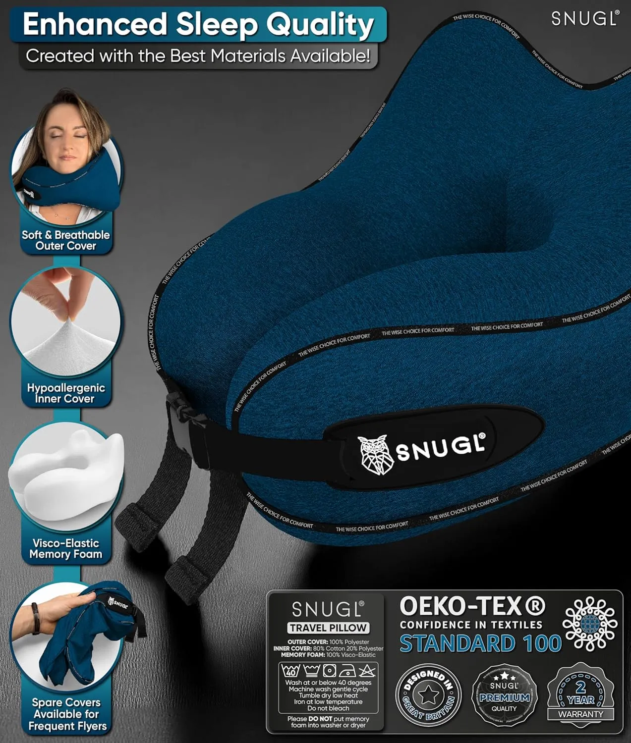 SNUGL Neck Travel Pillow - Memory Foam Airplane Pillow - Flight Pillow | Neck Support Travel Pillow with Carry Bag & Clip | Neck Pillows for Sleeping Travel Plane | Flying Travel Essentials - Navy