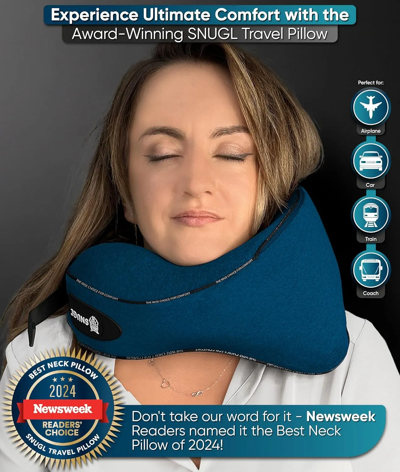 SNUGL Neck Travel Pillow - Memory Foam Airplane Pillow - Flight Pillow | Neck Support Travel Pillow with Carry Bag & Clip | Neck Pillows for Sleeping Travel Plane | Flying Travel Essentials - Navy