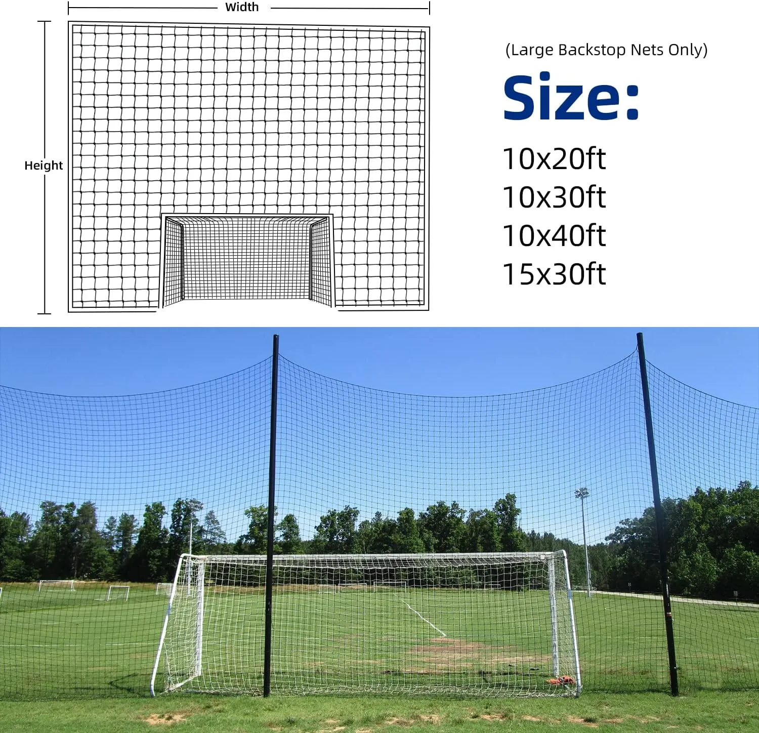 Soccer Backstop Net, High Impact Barrier Net, Nylon Practice Sports Netting 10x20ft/10x30ft/10x40ft (Installation Rope Included)