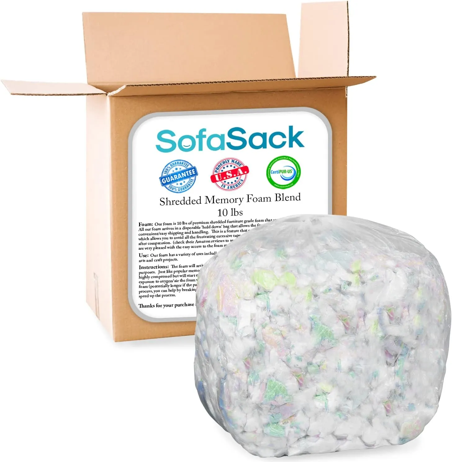 Sofa Sack Shredded Foam Refill: Memory Foam Filling Refill for Bean Bags, Dog Beds and Pillows, 10lbs, Multi-Color