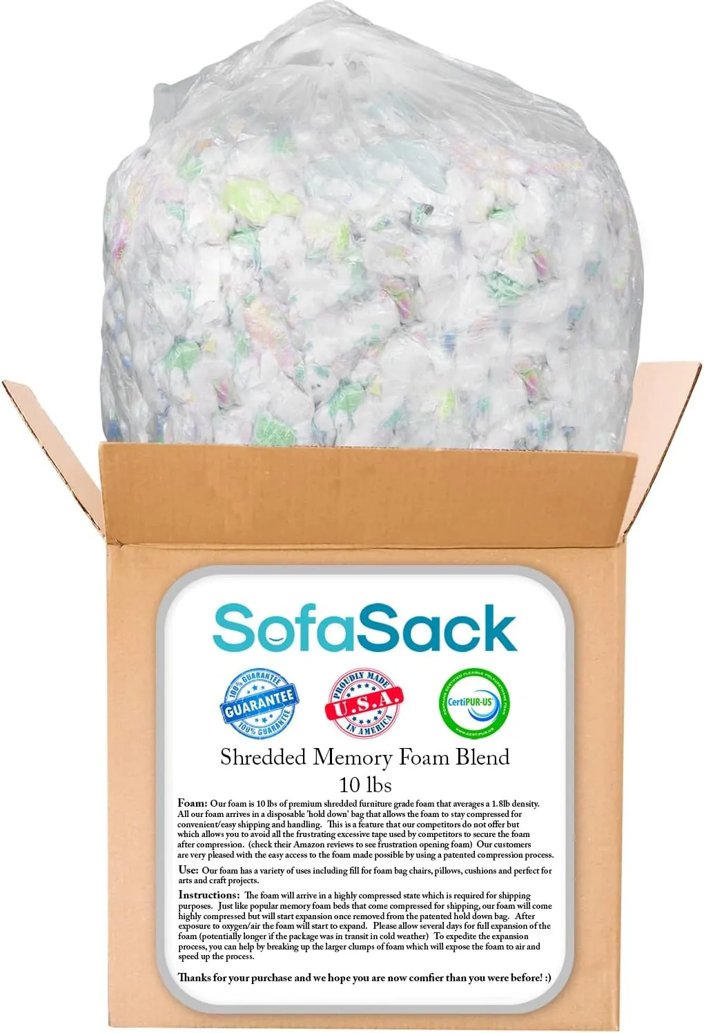 Sofa Sack Shredded Foam Refill: Memory Foam Filling Refill for Bean Bags, Dog Beds and Pillows, 10lbs, Multi-Color