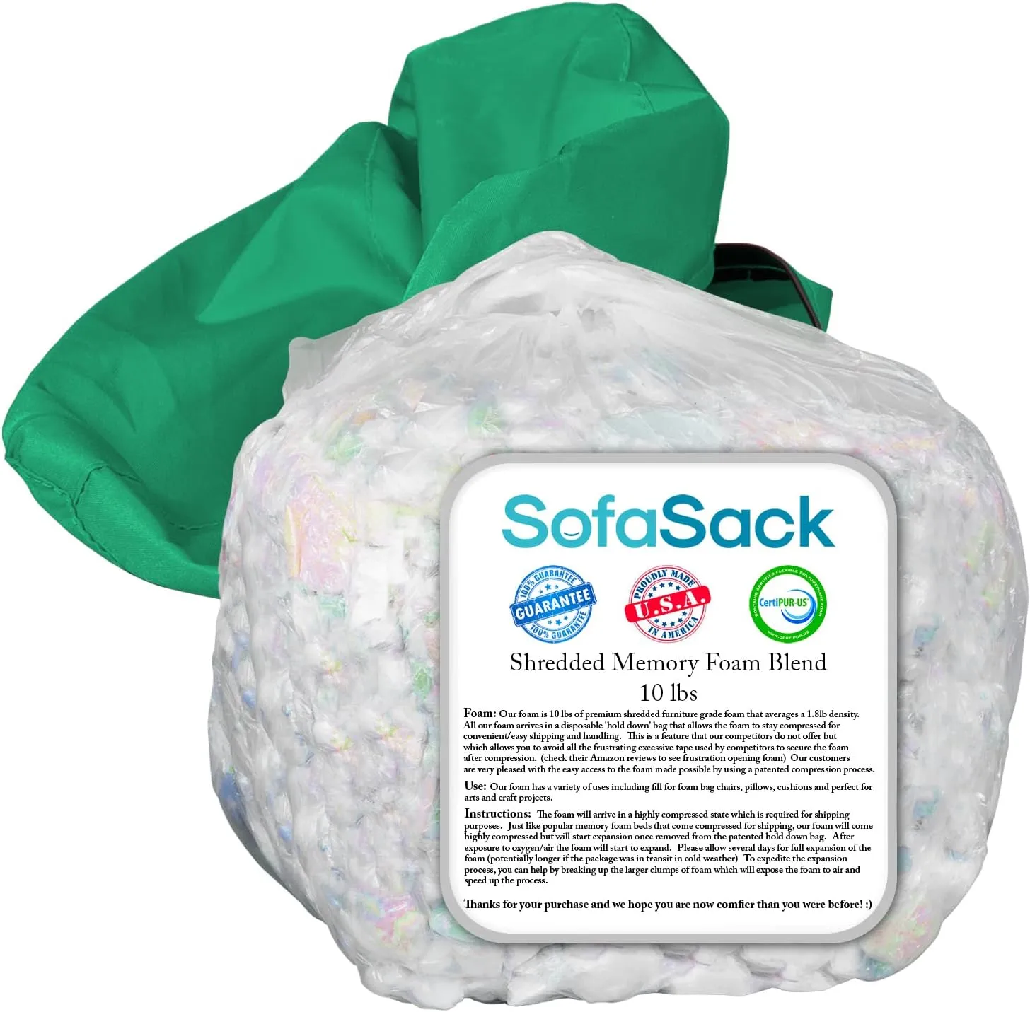 Sofa Sack Shredded Foam Refill: Memory Foam Filling Refill for Bean Bags, Dog Beds and Pillows, 10lbs, Multi-Color