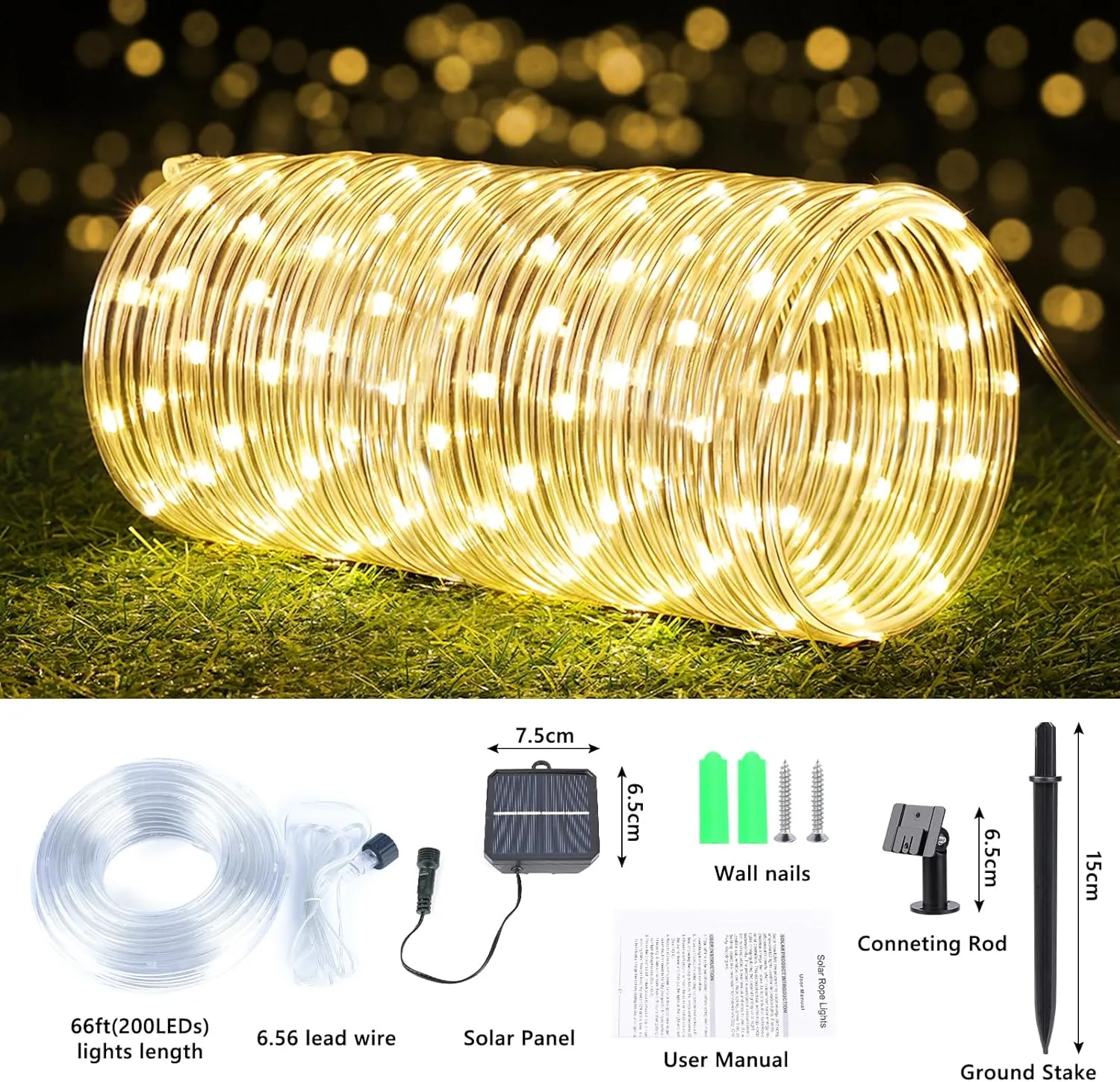 Solar Rope Lights, 66ft 200LED Solar String Lights, 8 Modes Waterproof Solar Powered Outdoor Light, Flexible Clear Tube Light for Garden, Backyard, Patio, Deck, Porch, Pool, Tree Decor - Warm White