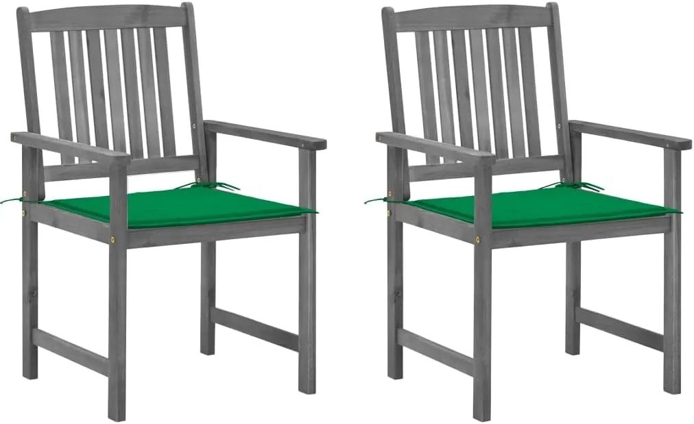 Solid Acacia Wood Patio Chairs with Cushions 2-Piece Set, Gray Outdoor Furniture for Backyard Poolside Lounge, Durable Wooden Garden Chairs with Green Fabric Seat Cushions