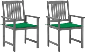 Solid Acacia Wood Patio Chairs with Cushions 2-Piece Set, Gray Outdoor Furniture for Backyard Poolside Lounge, Durable Wooden Garden Chairs with Green Fabric Seat Cushions