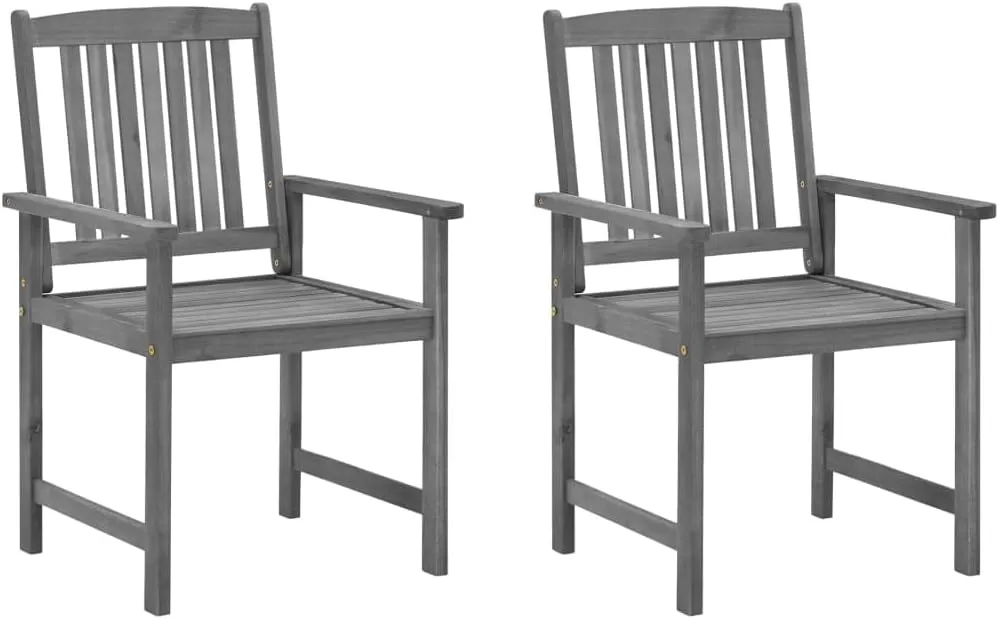 Solid Acacia Wood Patio Chairs with Cushions 2-Piece Set, Gray Outdoor Furniture for Backyard Poolside Lounge, Durable Wooden Garden Chairs with Green Fabric Seat Cushions