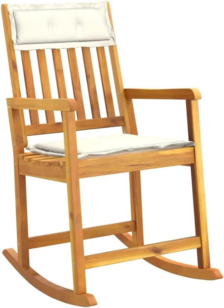 Solid Acacia Wood Rocking Chair with Cream Cushions Indoor Outdoor Use Durable Patio Furniture Comfortable Lounge Chair for Living Room Beach Camping 40.6"