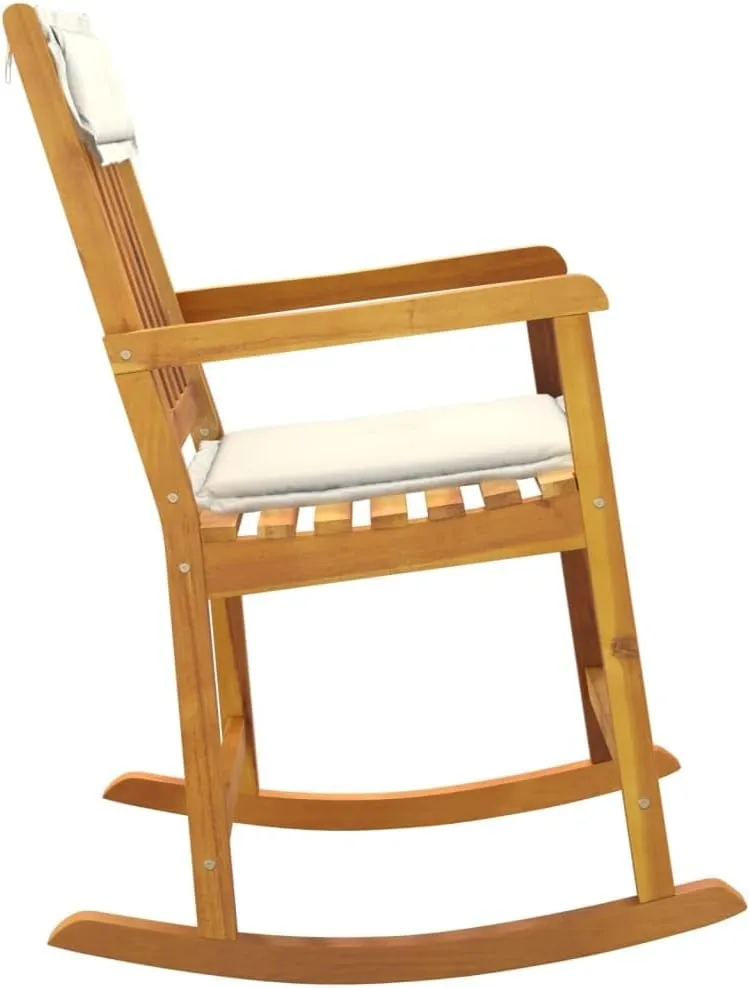 Solid Acacia Wood Rocking Chair with Cream Cushions Indoor Outdoor Use Durable Patio Furniture Comfortable Lounge Chair for Living Room Beach Camping 40.6"
