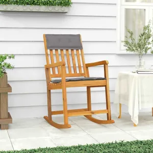 Solid Acacia Wood Rocking Chair with Dark Gray Cushions Indoor Outdoor Lounge Furniture for Patio Living Room Beach Camping Comfortable Seating