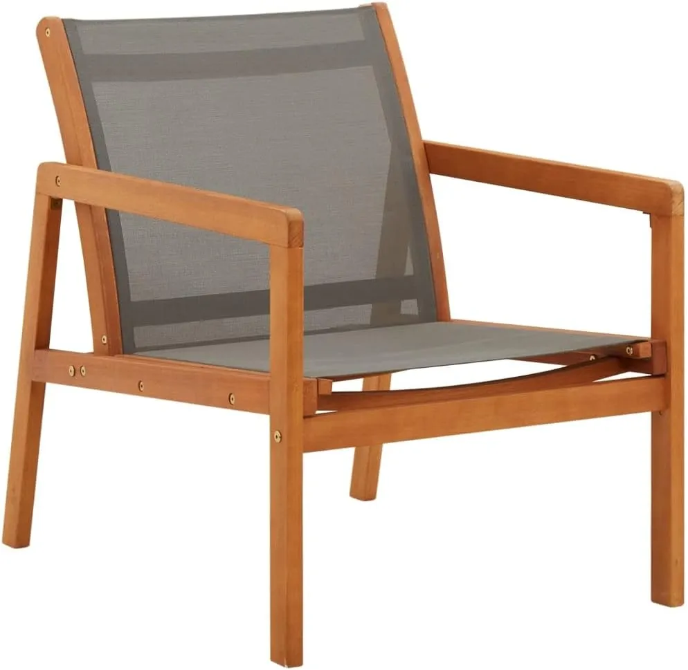Solid Wood Patio Lounge Chair Gray with Textilene Fabric for Outdoor Relaxation in Garden Backyard Poolside - Eucalyptus Wood Weather-Resistant Chaise Lounge Chair Comfortable Support