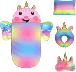 SOTOGO 4 Pieces Doll Sleeping Bag for 14-17 Inch New Born Baby Dolls,15 Inch Baby Dolls and American 18 Inch Doll, Include Unicorn Sleeping Bag, Pillow, Eye Mask, U Shaped Pillow