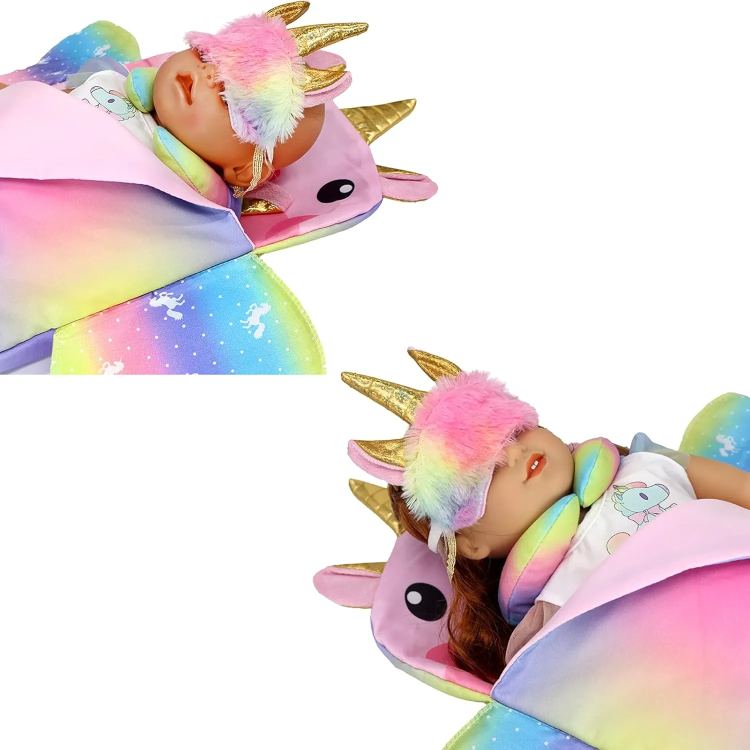 SOTOGO 4 Pieces Doll Sleeping Bag for 14-17 Inch New Born Baby Dolls,15 Inch Baby Dolls and American 18 Inch Doll, Include Unicorn Sleeping Bag, Pillow, Eye Mask, U Shaped Pillow