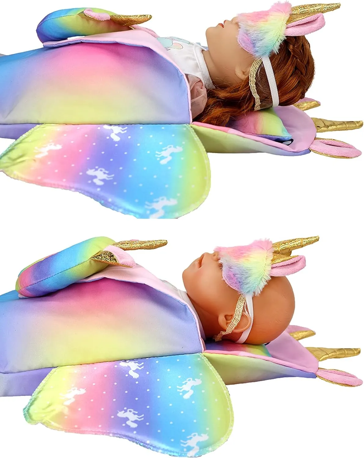 SOTOGO 4 Pieces Doll Sleeping Bag for 14-17 Inch New Born Baby Dolls,15 Inch Baby Dolls and American 18 Inch Doll, Include Unicorn Sleeping Bag, Pillow, Eye Mask, U Shaped Pillow