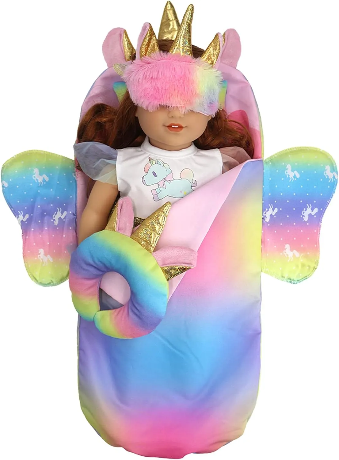 SOTOGO 4 Pieces Doll Sleeping Bag for 14-17 Inch New Born Baby Dolls,15 Inch Baby Dolls and American 18 Inch Doll, Include Unicorn Sleeping Bag, Pillow, Eye Mask, U Shaped Pillow