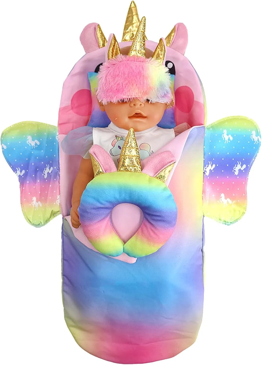 SOTOGO 4 Pieces Doll Sleeping Bag for 14-17 Inch New Born Baby Dolls,15 Inch Baby Dolls and American 18 Inch Doll, Include Unicorn Sleeping Bag, Pillow, Eye Mask, U Shaped Pillow