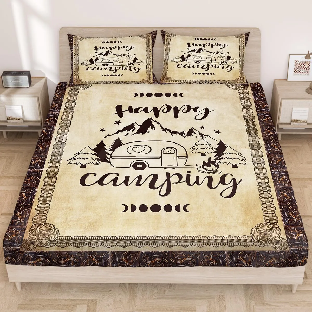 SOULZZZ Happy Camping Queen Bed Sheet with Deep Pocket Design Mountain Forest Car Camper 3 Piece Sheets Set for Kids Boys Girls, Halloween Christams Bedding Sheets 1 Fitted Sheet and 2 Pillowcases